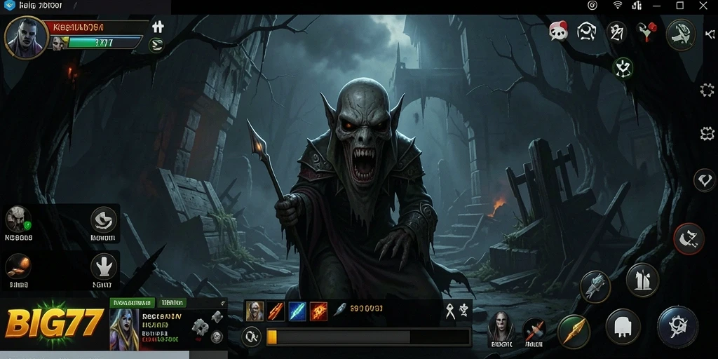 Screenshot gameplay BIG77 memperlihatkan suasana kegelapan yang mencekam.