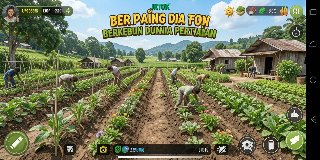 Tampilan gameplay JKTOK dengan ladang dan hewan ternak.