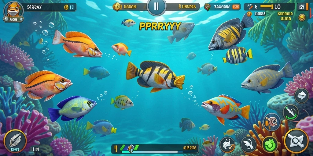 Tampilan gameplay seru di PPRRYY saat menembak ikan berwarna-warni.