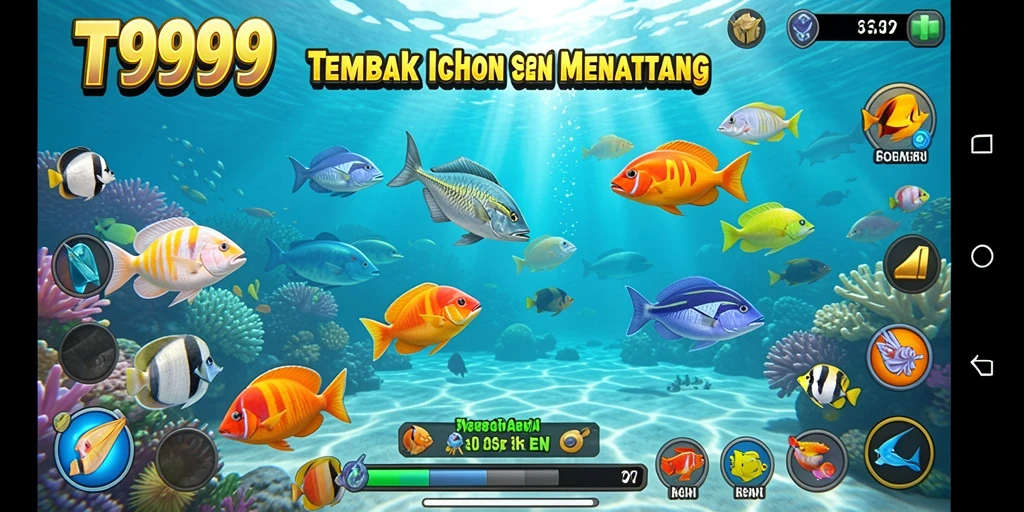 Screenshot gameplay T9999 menampilkan aksi menembak ikan yang seru.